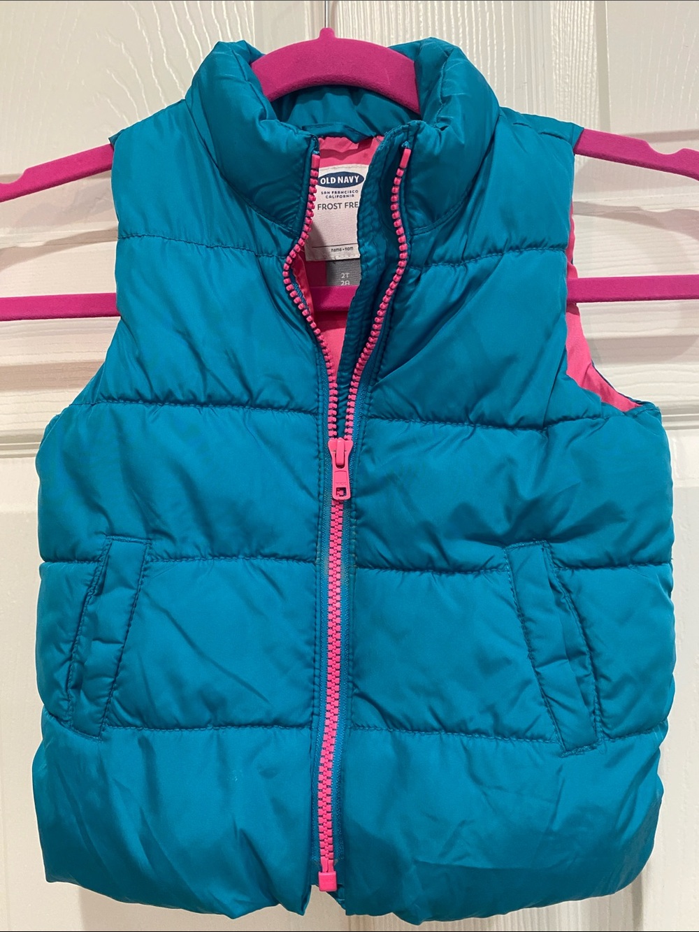 Old Navy Teal Puffer Vest with Hot Pink Trim size 2T